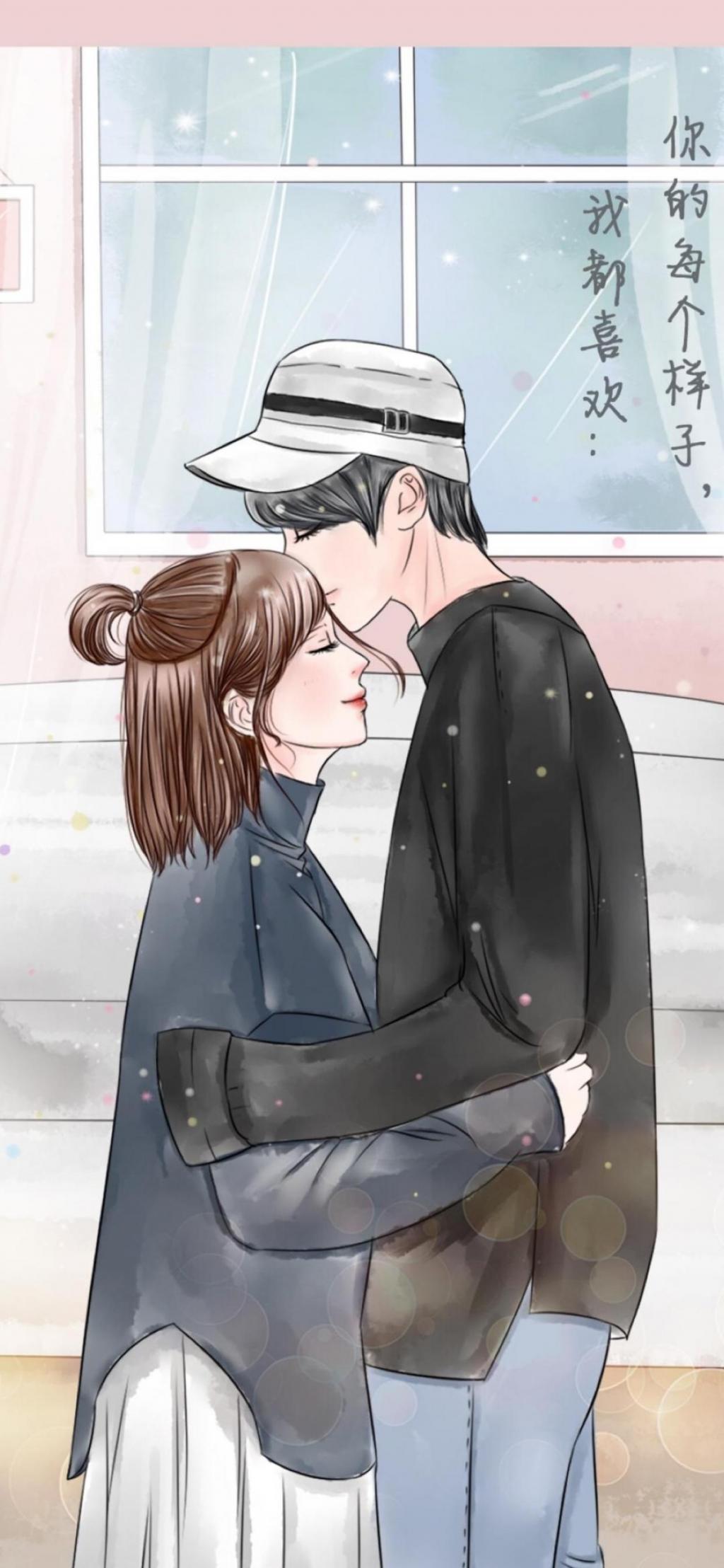 520情人节爱心拥抱亲吻情侣卡通插画图片-千库网